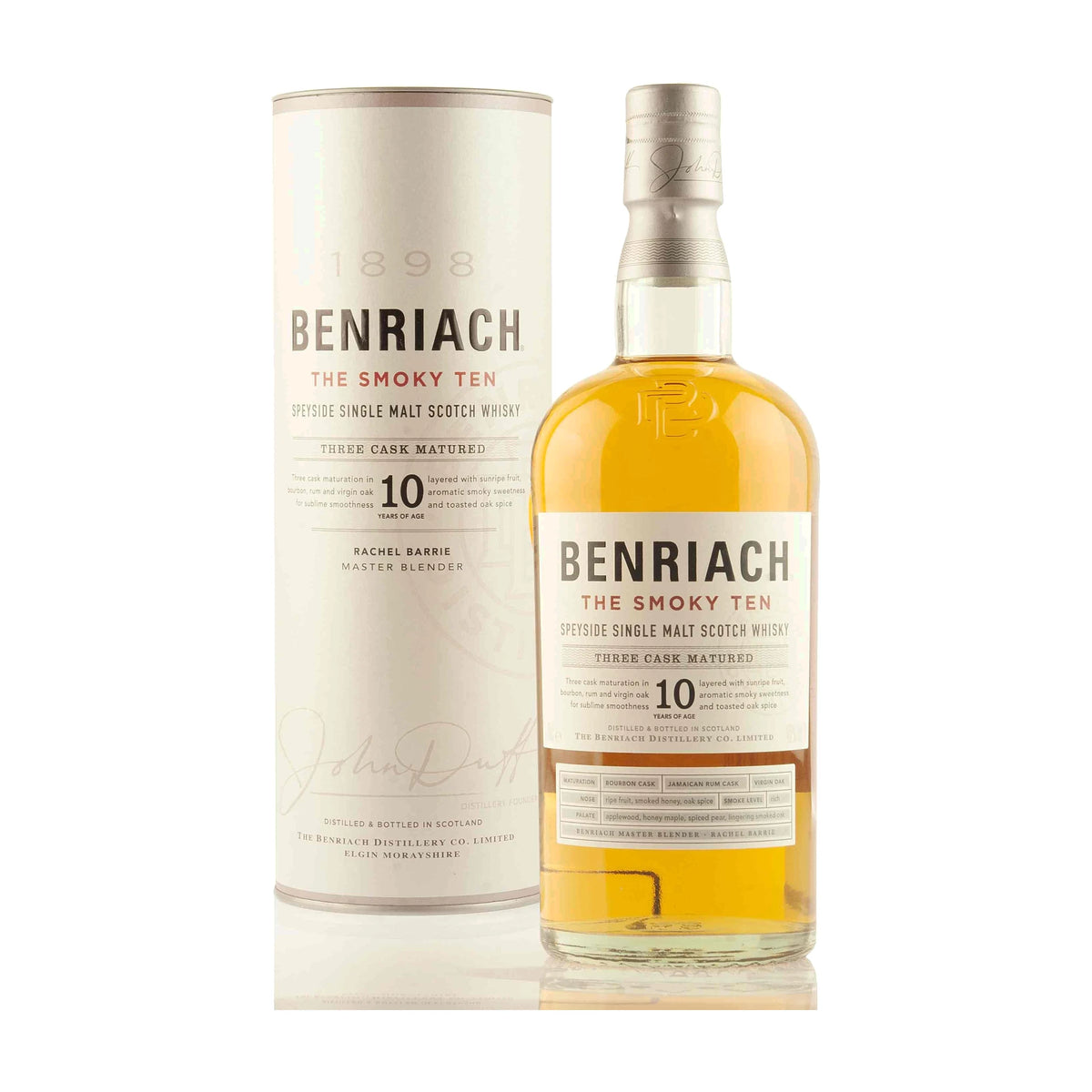 BenRiach The Smoky Ten 10 Year Old Speyside Single Malt Scotch Whisky 70cl bottle with tube on a white background