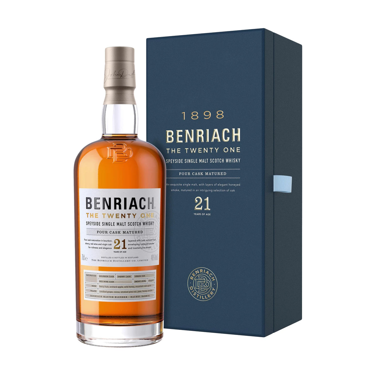 BenRiach The Twenty One 21 Year Old Speyside Single Malt Scotch Whisky 70cl bottle on a white background