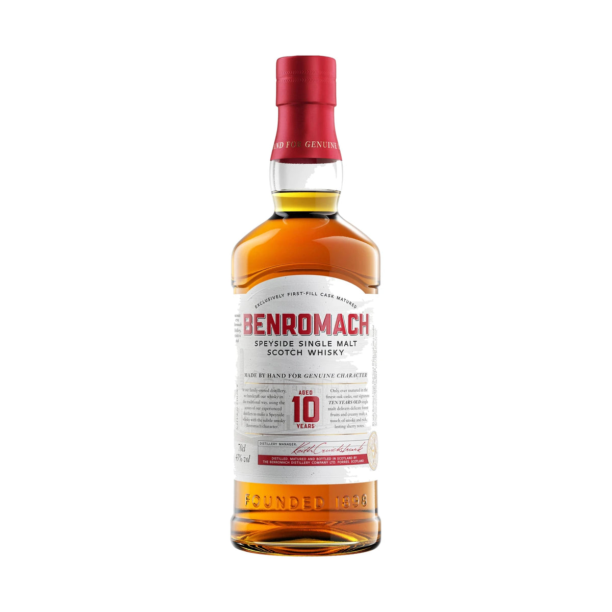 Benromach 10 Year Old Speyside Single Malt Scotch Whisky 70cl bottle on a white background
