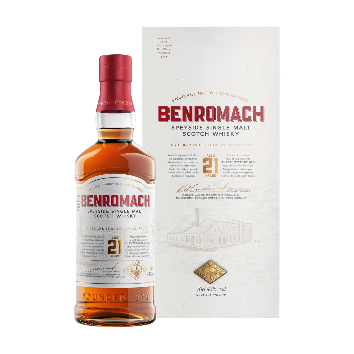Benromach 21 Year Old Speyside Single Malt Scotch Whisky 70cl bottle on a white background