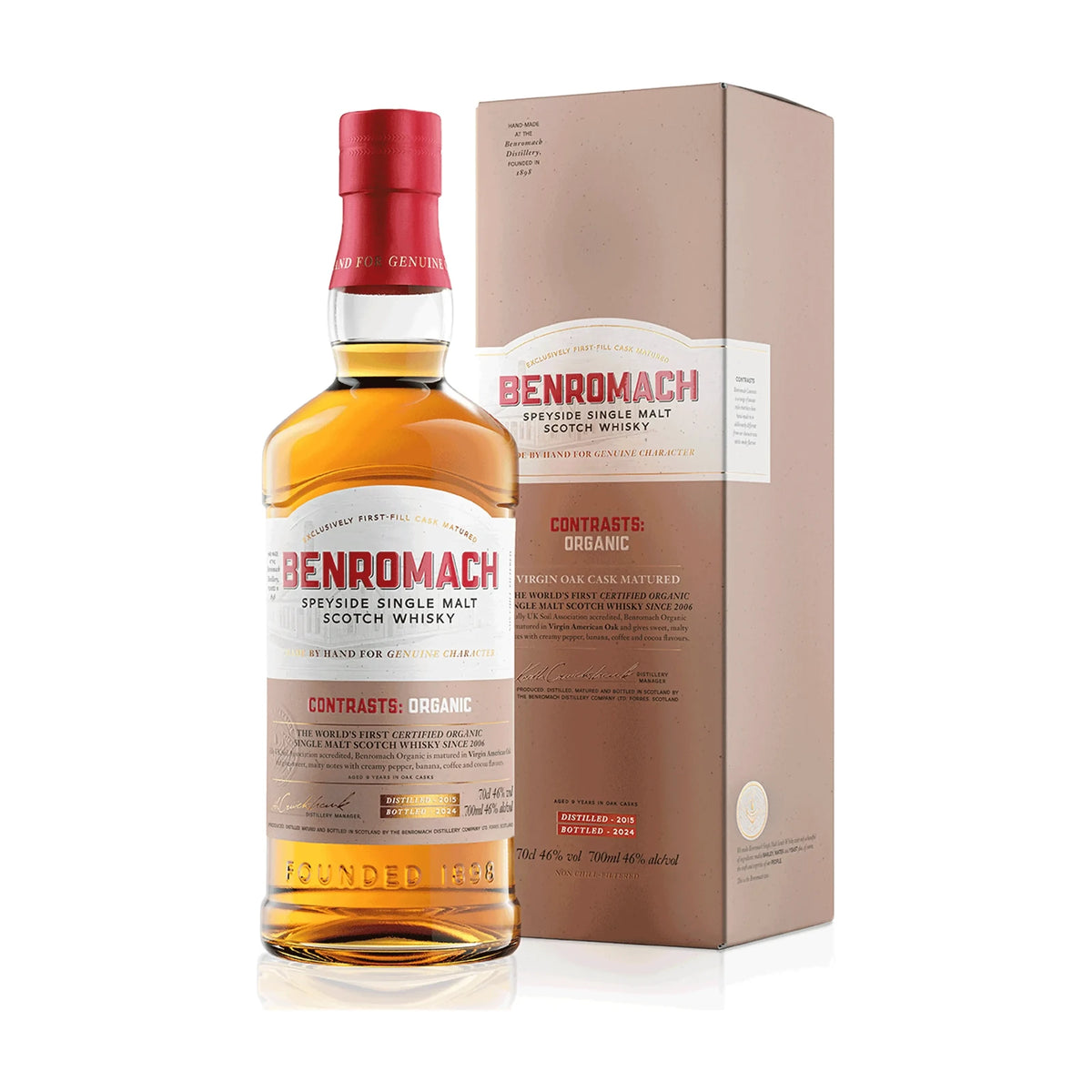 Benromach Contrasts: Organic Speyside Single Malt Scotch Whisky 70cl bottle and box on a white background