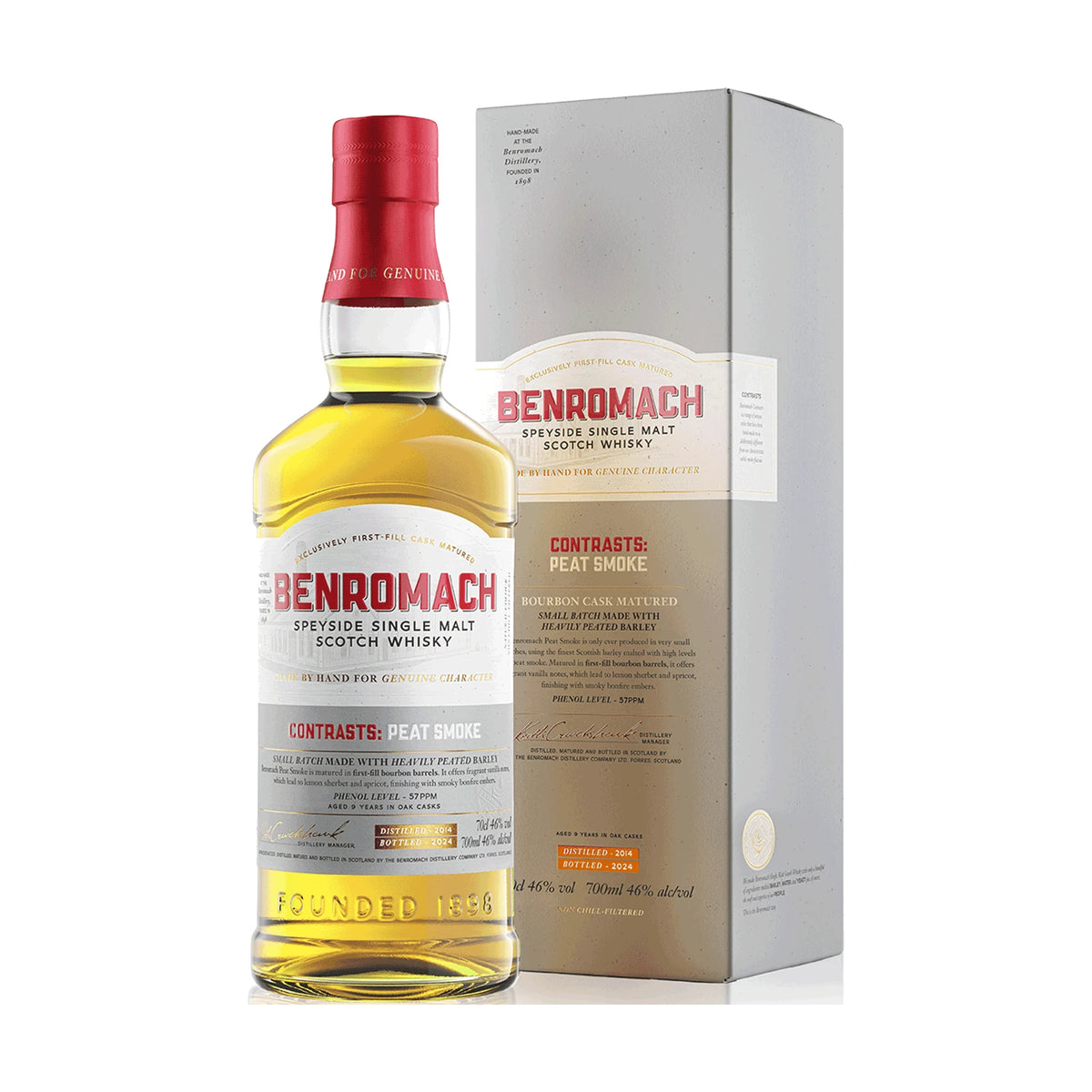 Benromach Contrasts: Peat Smoke Speyside Single Malt Scotch Whisky 70cl bottle on a white background