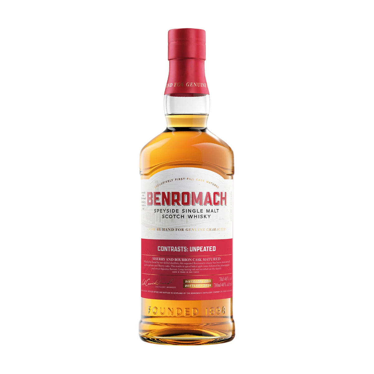 Benromach Contrasts: Unpeated Speyside Single Malt Scotch Whisky 70cl bottle on a white background