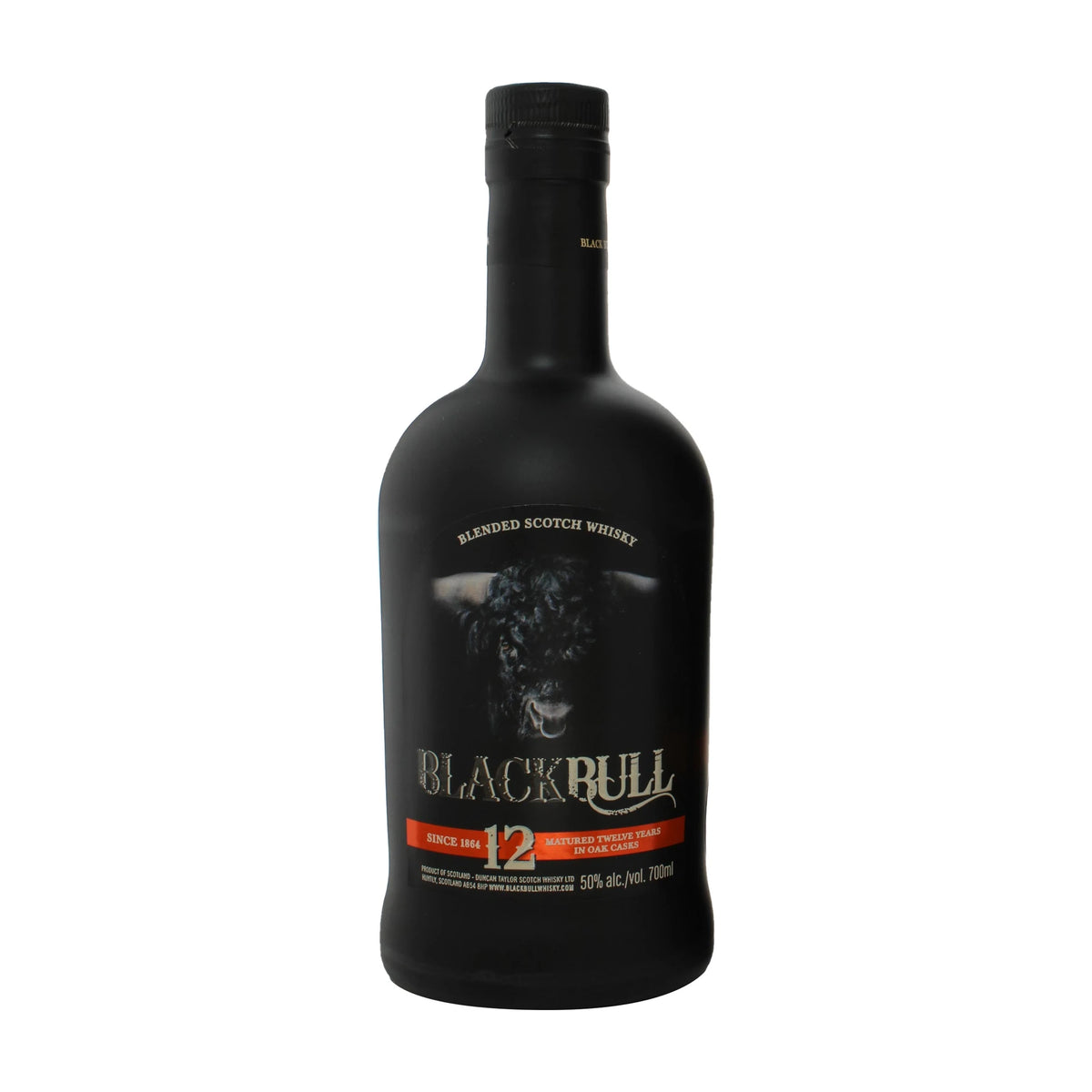 Black Bull 12 Year Old Blended Scotch Whisky 70cl bottle on a white background