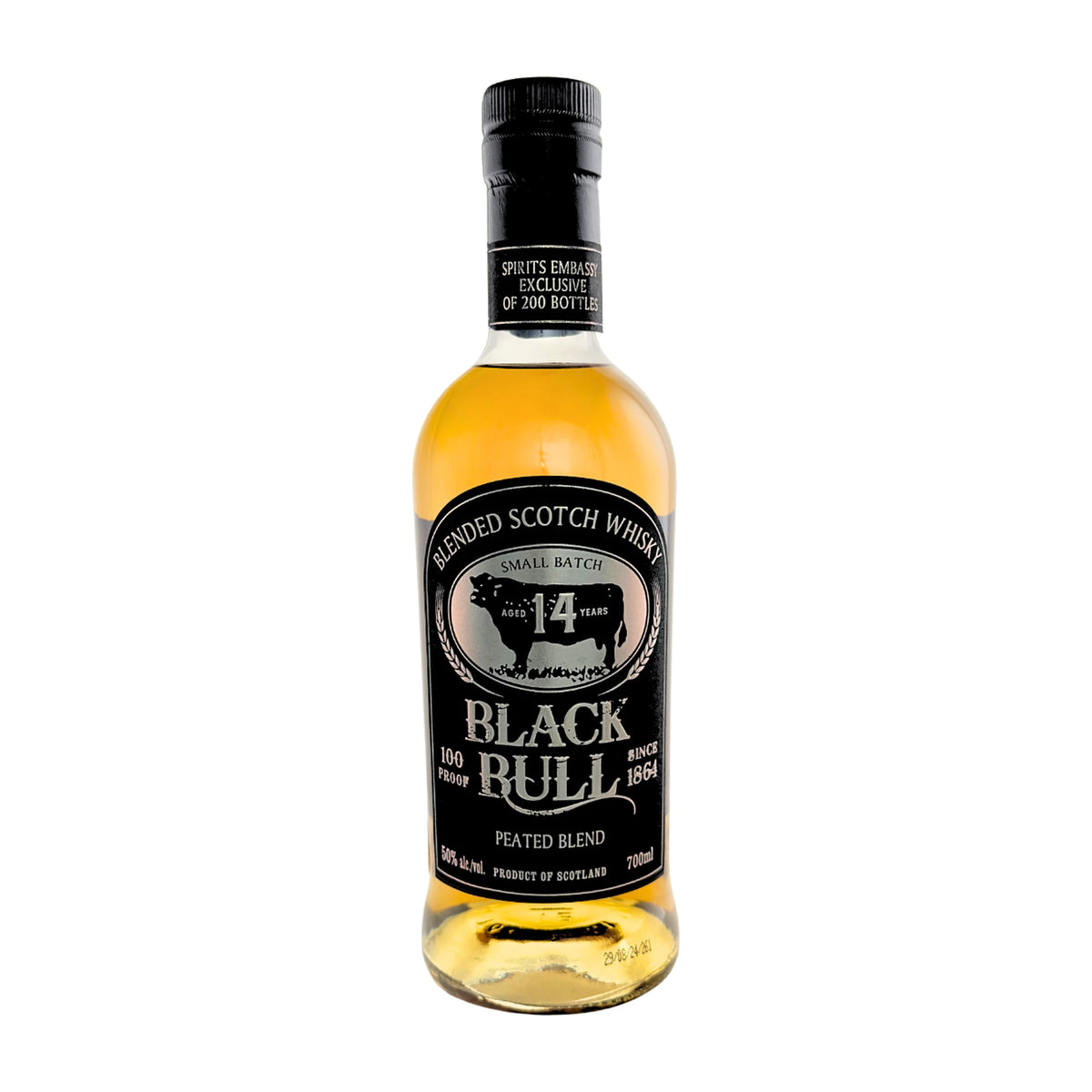 Black Bull 14 Year Old Peated Blended Scotch Whisky 70cl bottle on a white background