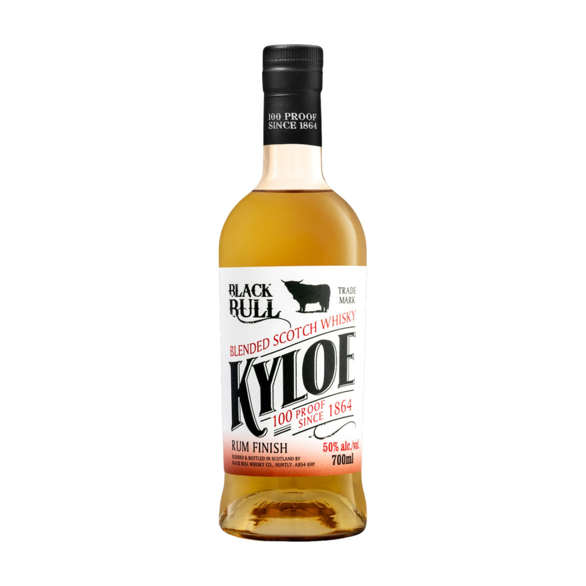 Black Bull Kyloe Rum Finish Blended Scotch Whisky 70cl bottle on a white background