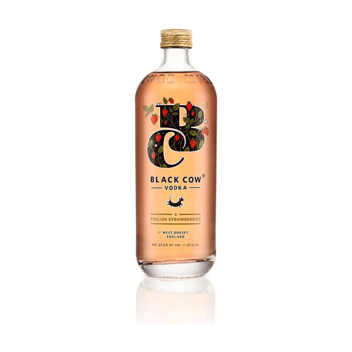 Bottle of Black Cow English Strawberries Vodka, 70cl, pink-tinted glass bottle on a white background