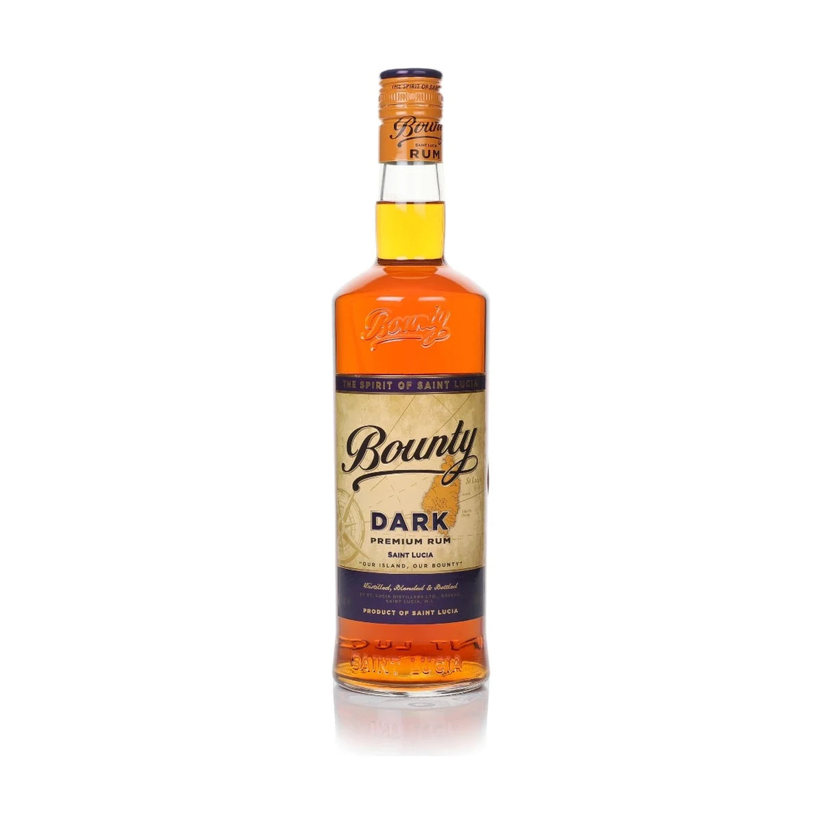 Bottle of Bounty Dark Rum, 70cl, dark glass bottle with tropical label on a white background