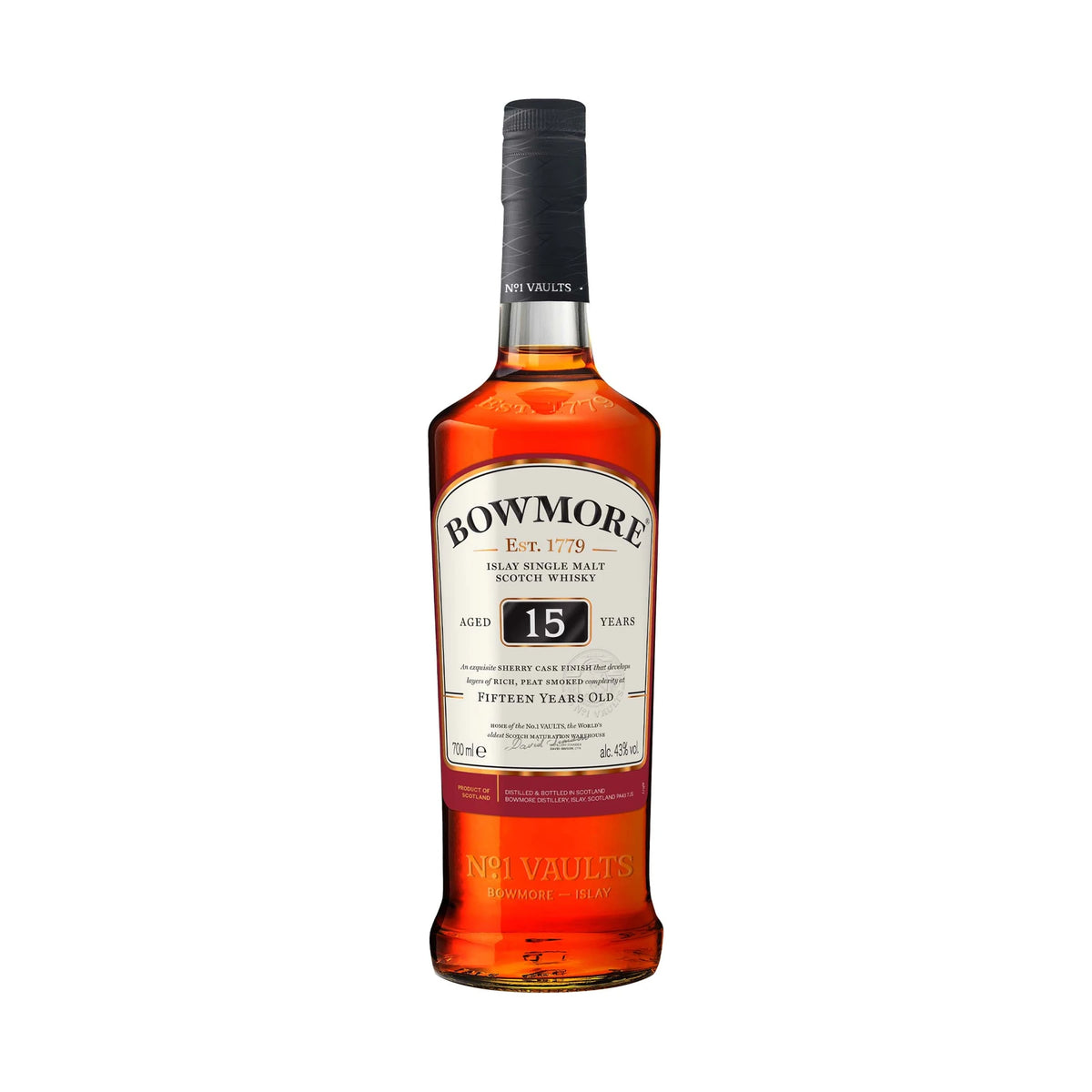 Bowmore 15 Year Old Darkest Islay Single Malt Scotch Whisky 70cl bottle on a white background