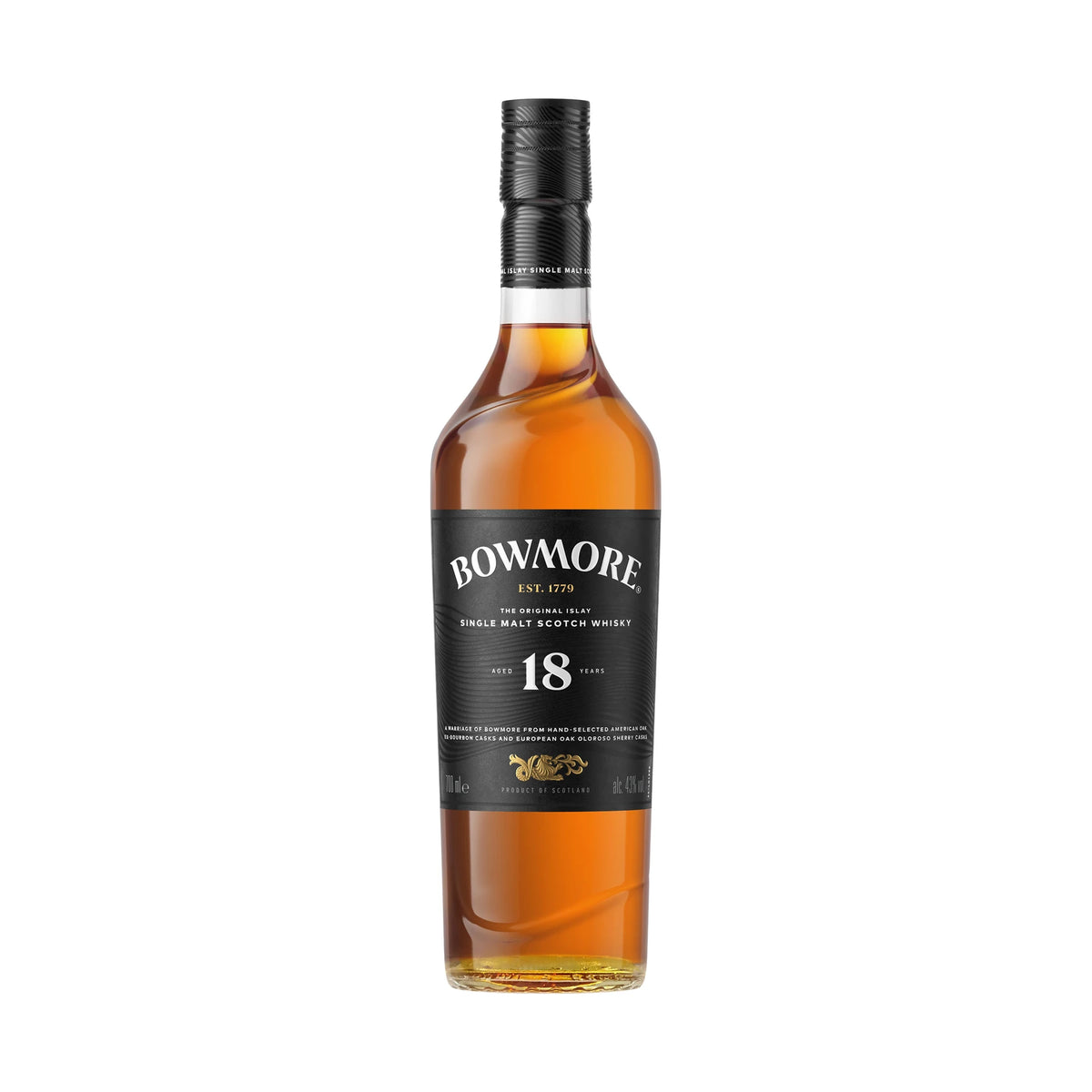 Bowmore 18 Year Old Islay Single Malt Scotch Whisky 70cl bottle on a white background