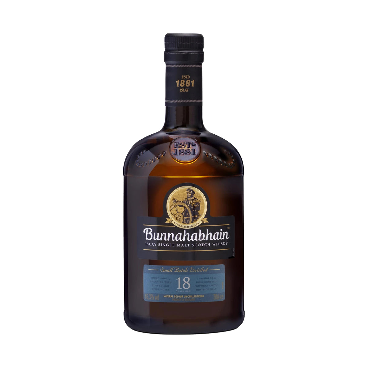 Bunnahabhain 18 Year Old Islay Single Malt Scotch Whisky 70cl bottle on a white background