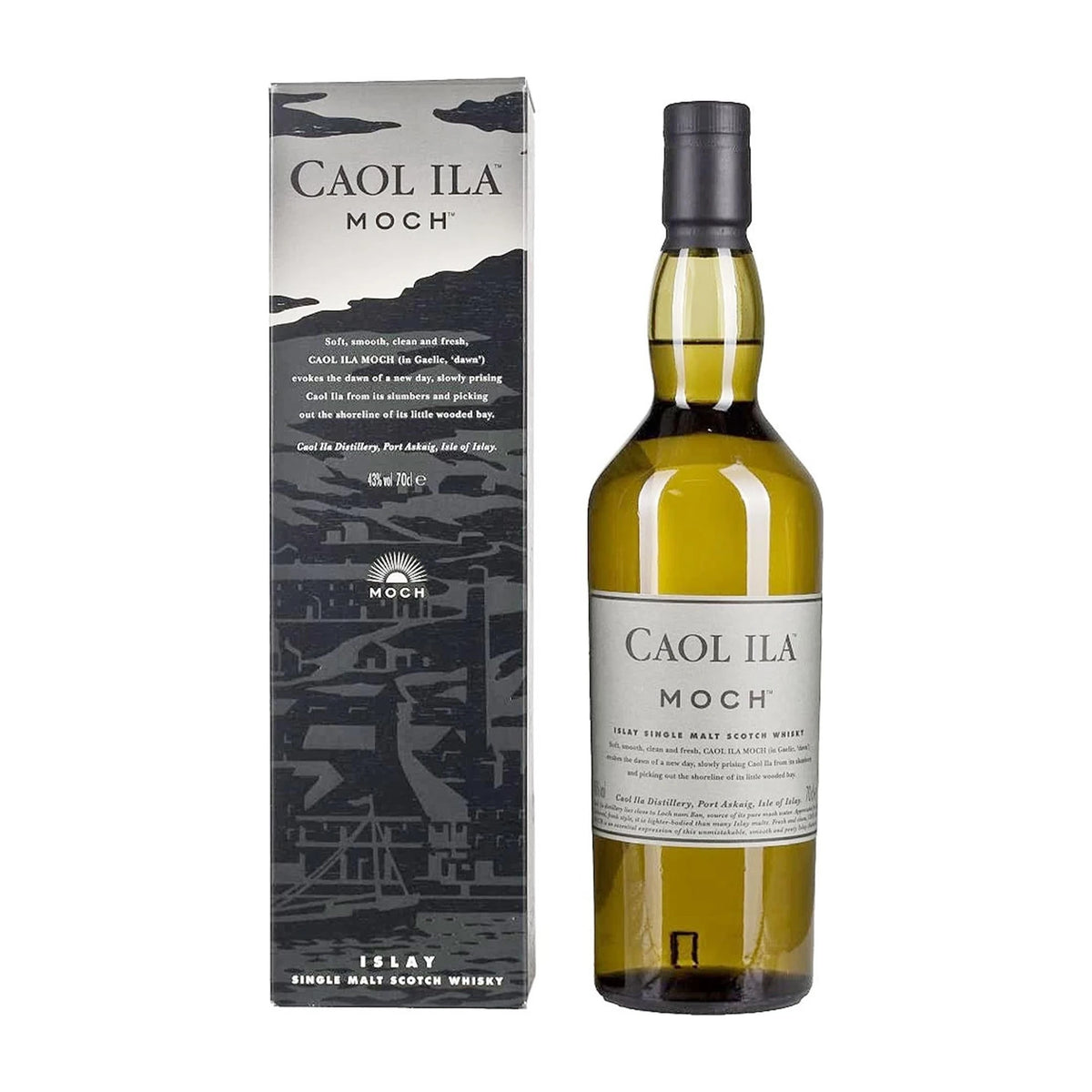 Caol Ila Moch Islay Single Malt Scotch Whisky 70cl bottle with box on a white background