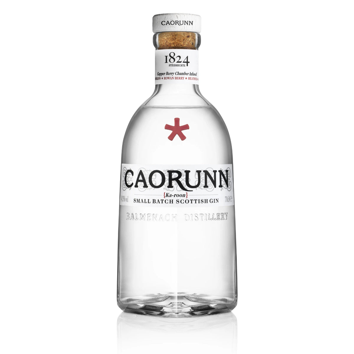 Bottle of Caorunn Small Batch Scottish Gin, 70cl, 41.8% ABV, on a white background