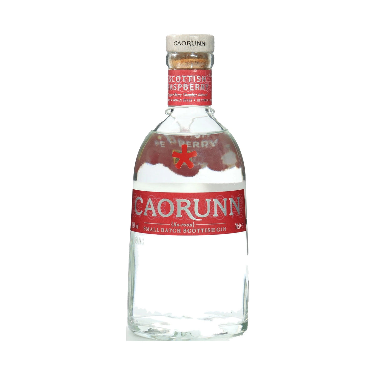 Caorunn Scottish Raspberry Gin 70cl bottle on a white background