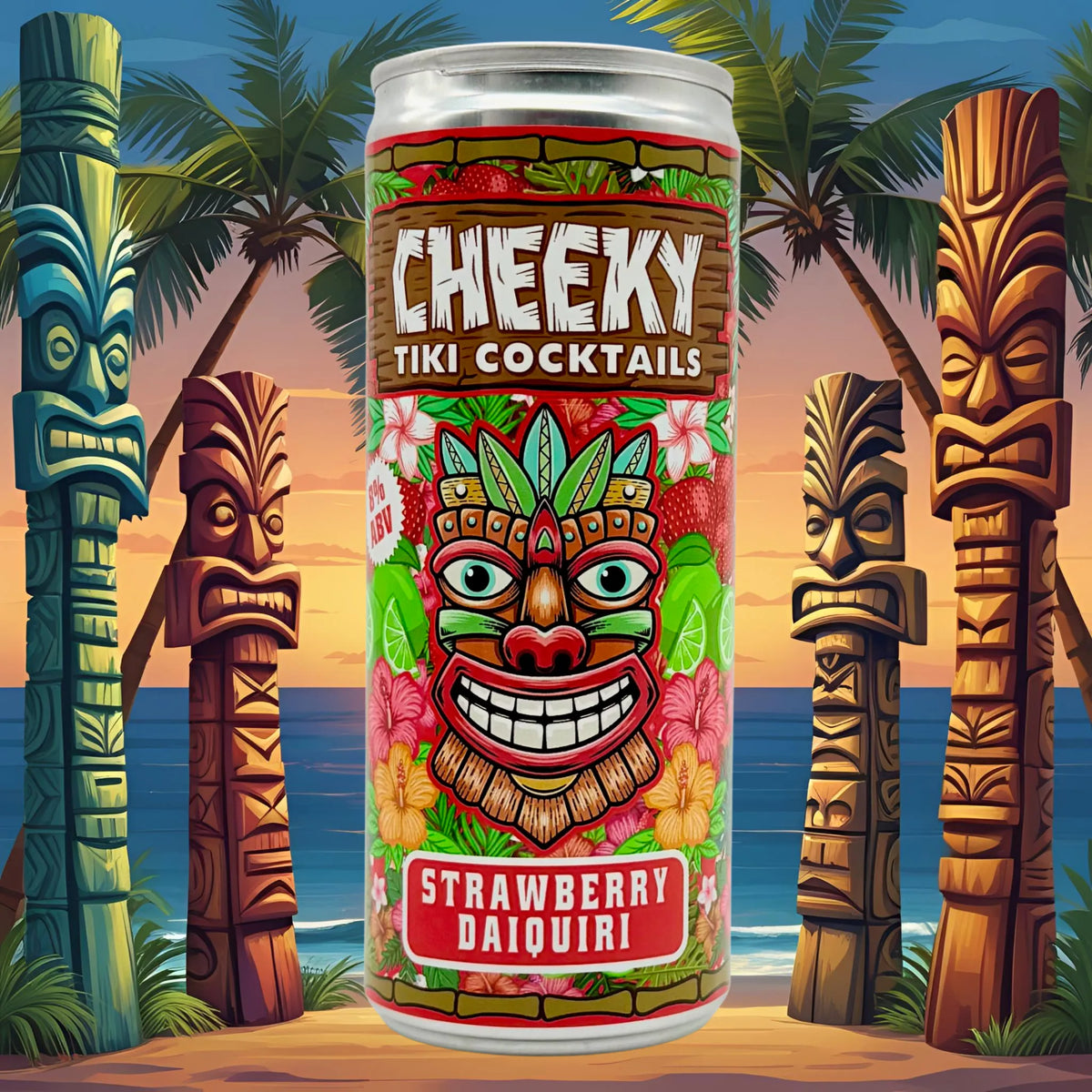 Cheeky Tiki Strawberry Daiquiri cocktail can in a tropical tiki-themed scene