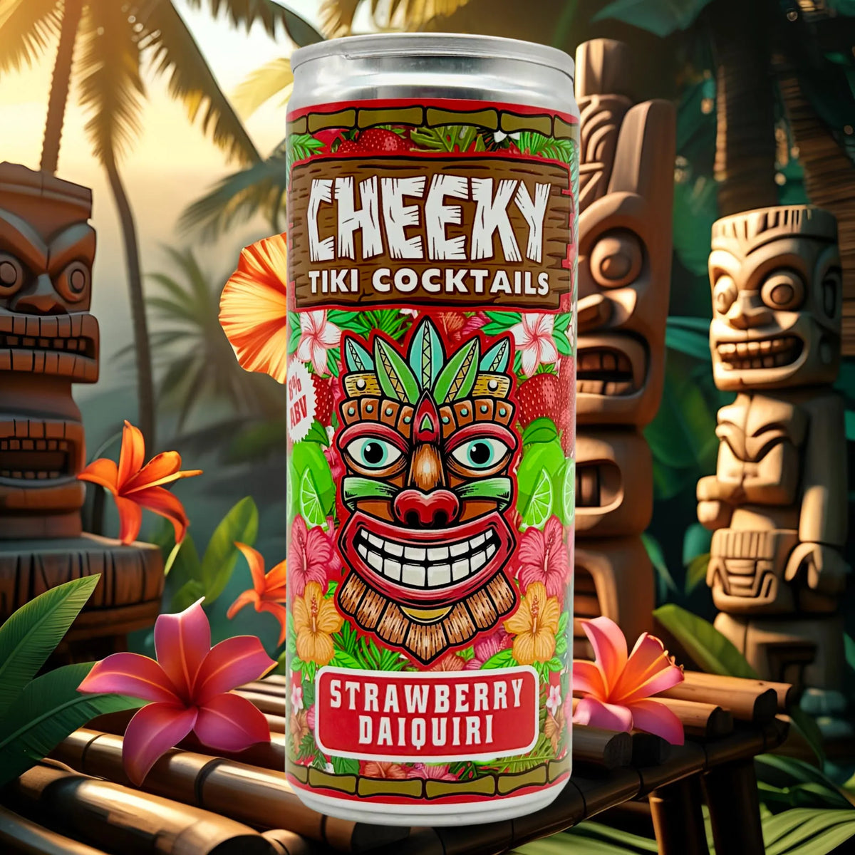 Cheeky Tiki Strawberry Daiquiri cocktail can in front of a tiki hut at sunset