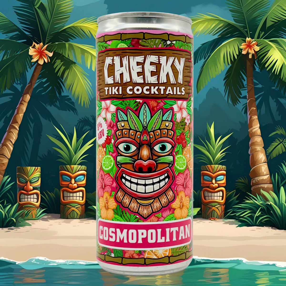 Cheeky Tiki Cosmopolitan cocktail can in a tropical tiki-themed scene
