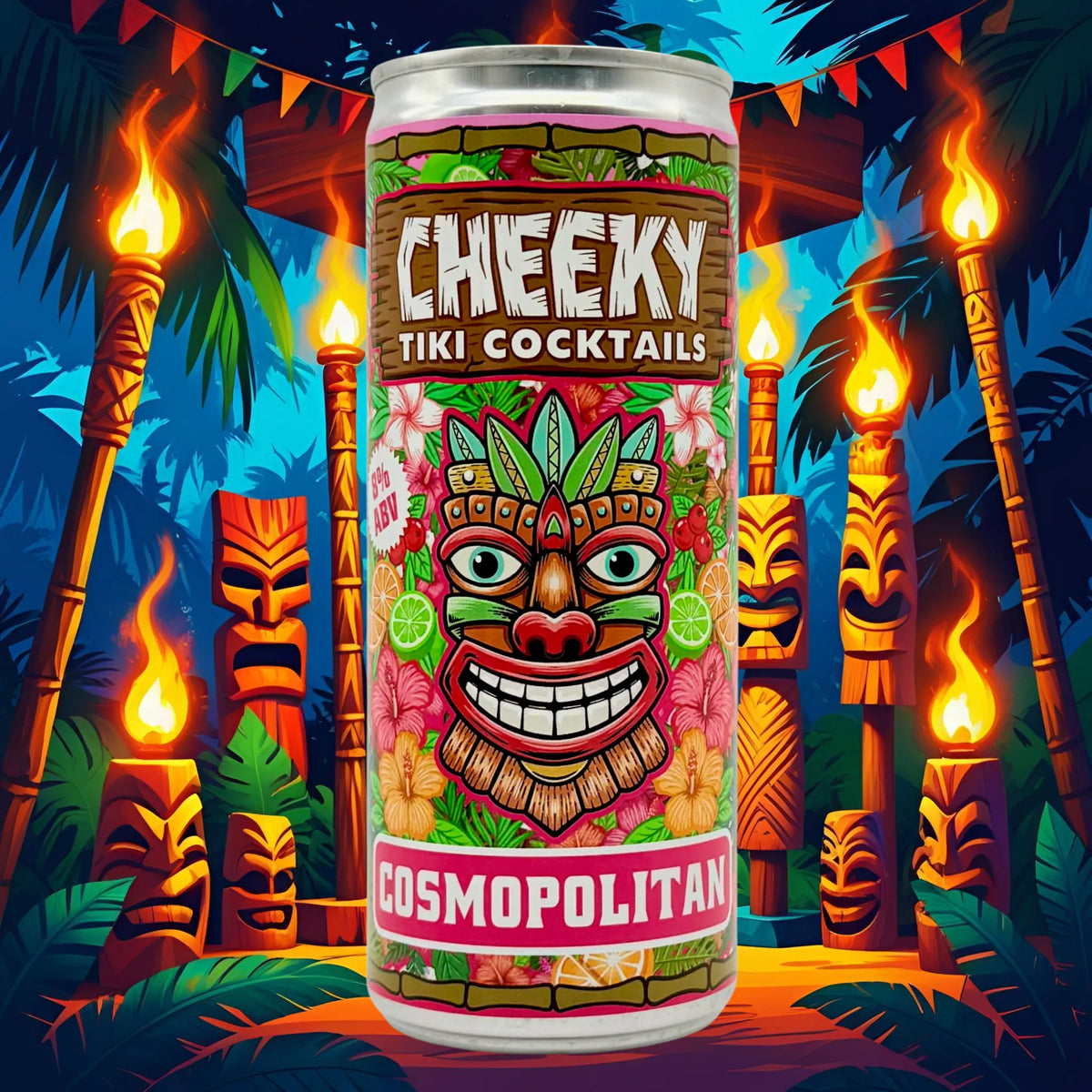 Cheeky Tiki Cosmopolitan cocktail can in a tiki-themed night scene