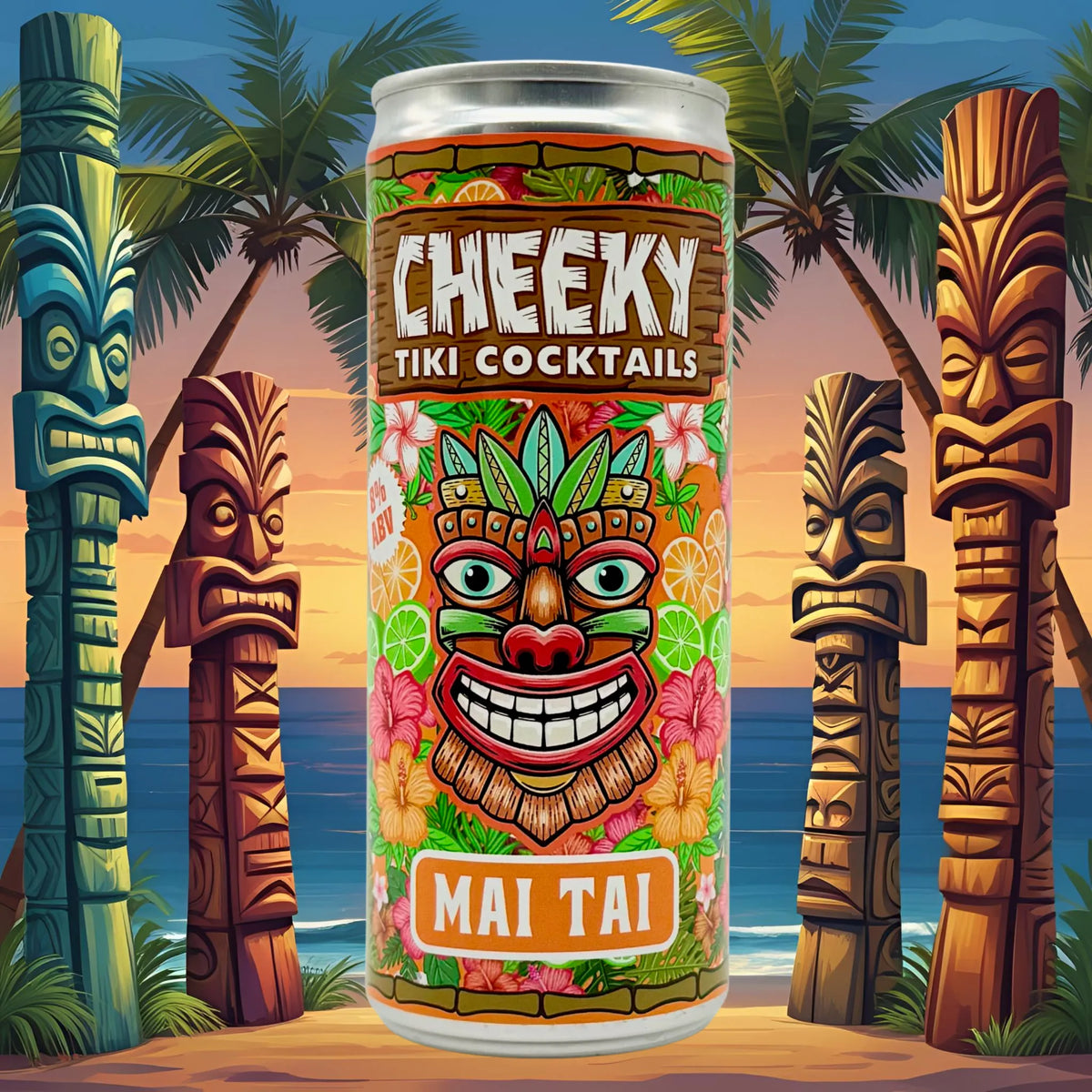Cheeky Tiki Mai Tai cocktail can on a tropical beach at sunset