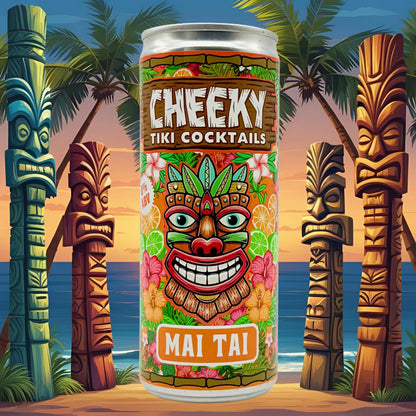 Cheeky Tiki Mai Tai cocktail can on a tropical beach at sunset