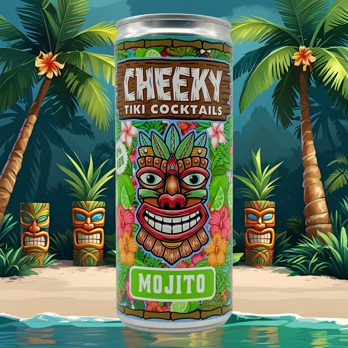 Cheeky Tiki Mojito cocktail can in a tropical tiki-themed scene