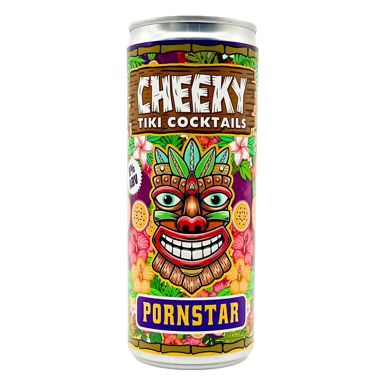 Cheeky Tiki Pornstar passion fruit ready-to-drink cocktail 250ml can on a white background