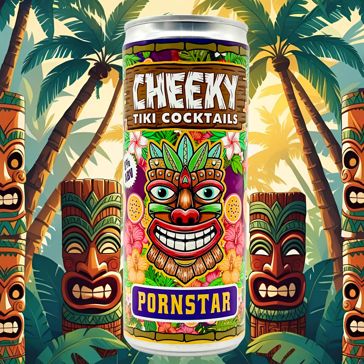 Cheeky Tiki Pornstar passion fruit cocktail can in a tropical tiki-themed scene