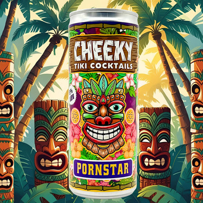 Cheeky Tiki Pornstar passion fruit cocktail can in a tropical tiki-themed scene