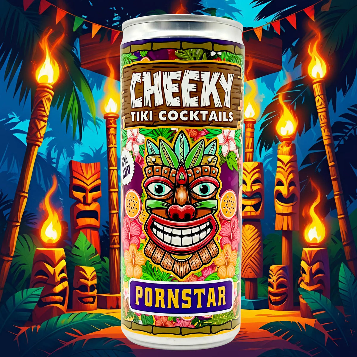 Cheeky Tiki Pornstar passion fruit cocktail can in a tiki-themed night scene
