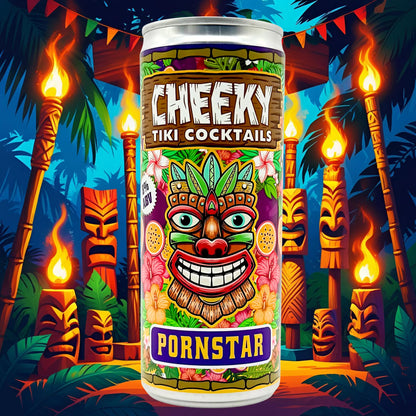 Cheeky Tiki Pornstar passion fruit cocktail can in a tiki-themed night scene