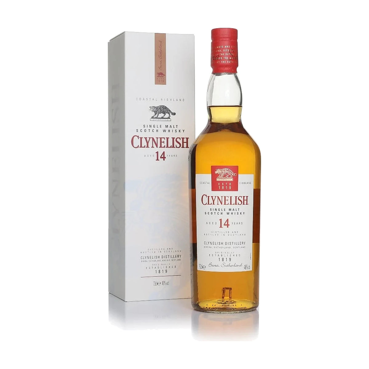 Clynelish 14 Year Old Coastal Highland Single Malt Scotch Whisky, 70cl bottle with gift box on a white background
