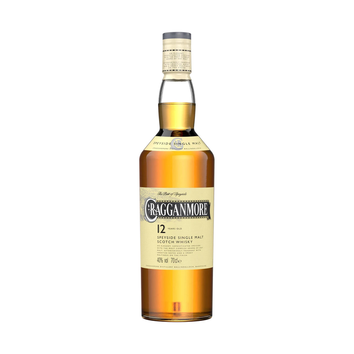 Cragganmore 12 Year Old Speyside Single Malt Scotch Whisky 70cl bottle on a white background