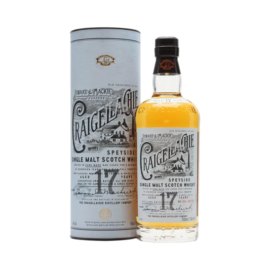 Craigellachie 17 Year Old Speyside Single Malt Scotch Whisky 70cl bottle and gift tube on a white background