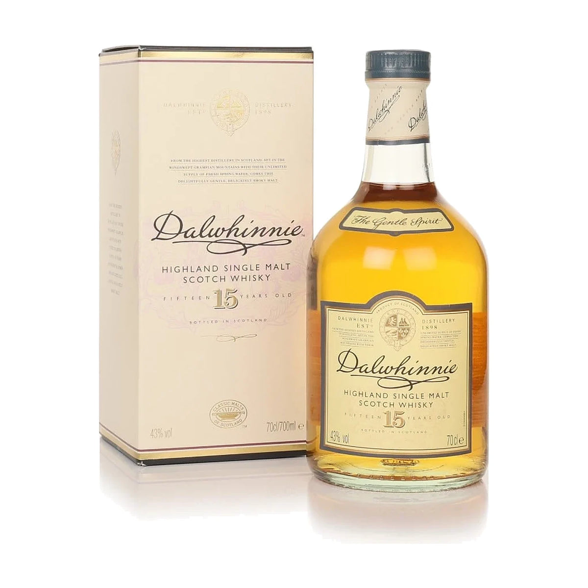 Dalwhinnie 15 Year Old Highland Single Malt Scotch Whisky, 70cl bottle with gift box on a white background