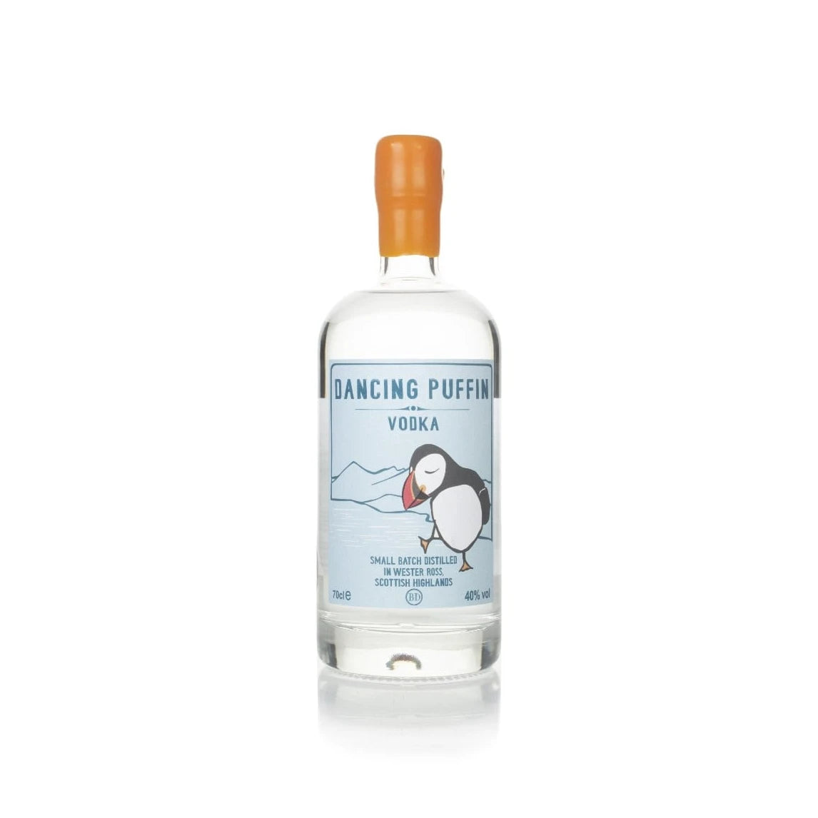 Bottle of Dancing Puffin Vodka, 70cl, on a white background