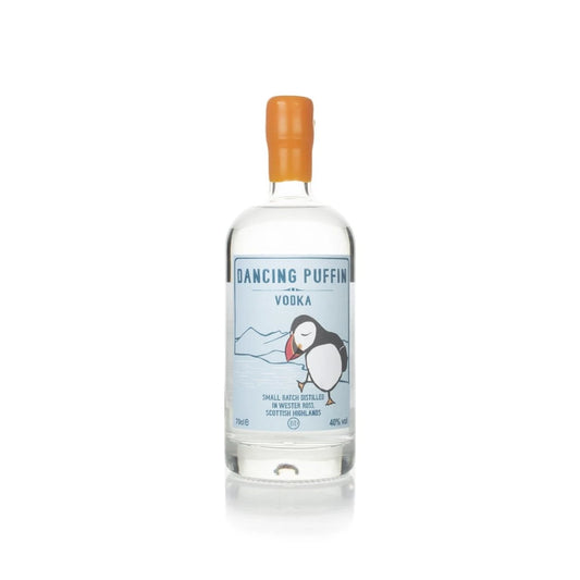 Bottle of Dancing Puffin Vodka, 70cl, on a white background