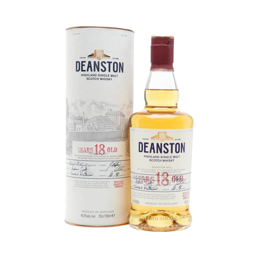 Deanston 18 Year Old Highland Single Malt Scotch Whisky 70cl bottle and gift tube on a white background