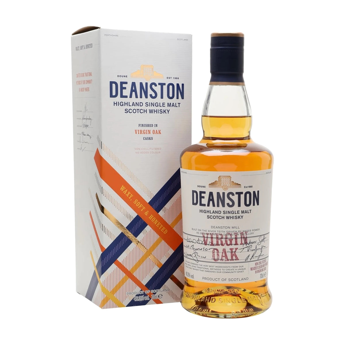 Deanston Virgin Oak Highland Single Malt Scotch Whisky 70cl bottle on a white background