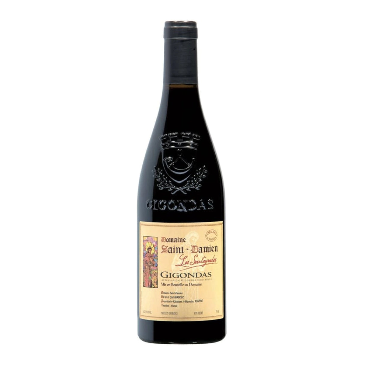 Domaine Saint-Damien Gigondas Les Souteyrades red wine bottle, 75cl, on a white background