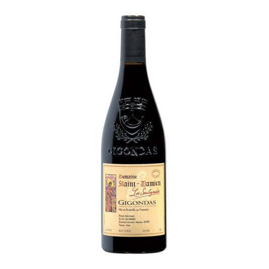 Domaine Saint-Damien Gigondas Les Souteyrades red wine bottle, 75cl, on a white background