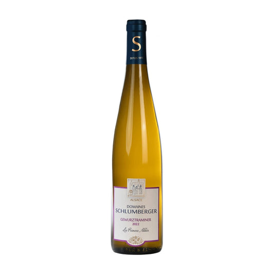 Bottle of Domaines Schlumberger Gewurztraminer Les Princes Abbes, Alsace, France, 75cl, on a white background