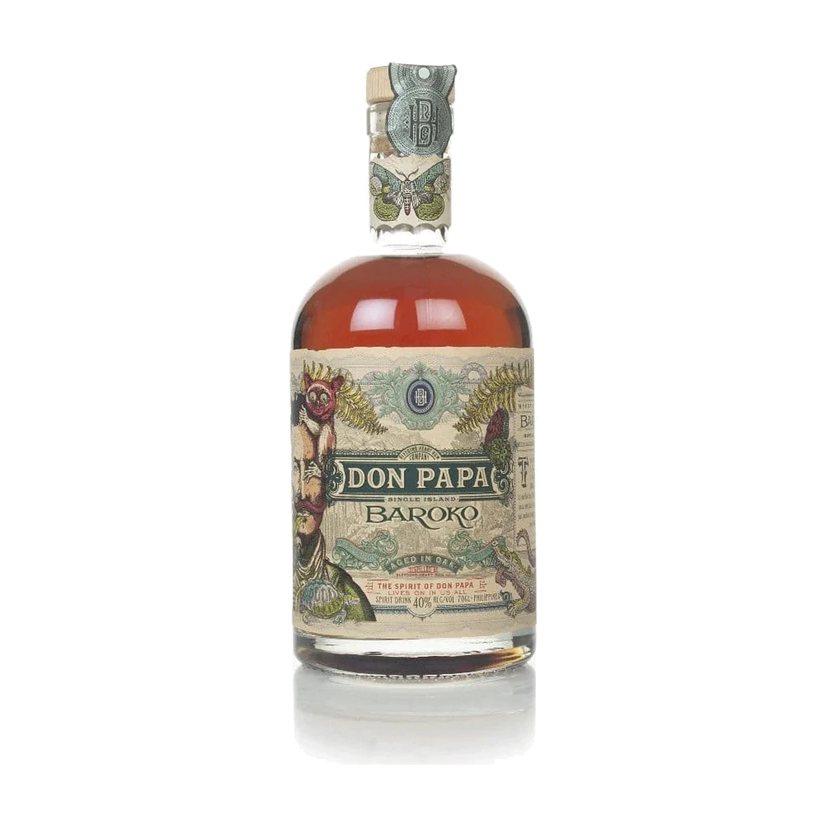 Don Papa Baroko Rum, 70cl bottle on a white background