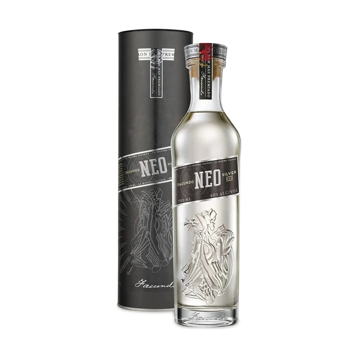 Facundo Neo Rum 70cl bottle with presentation tube on a white background