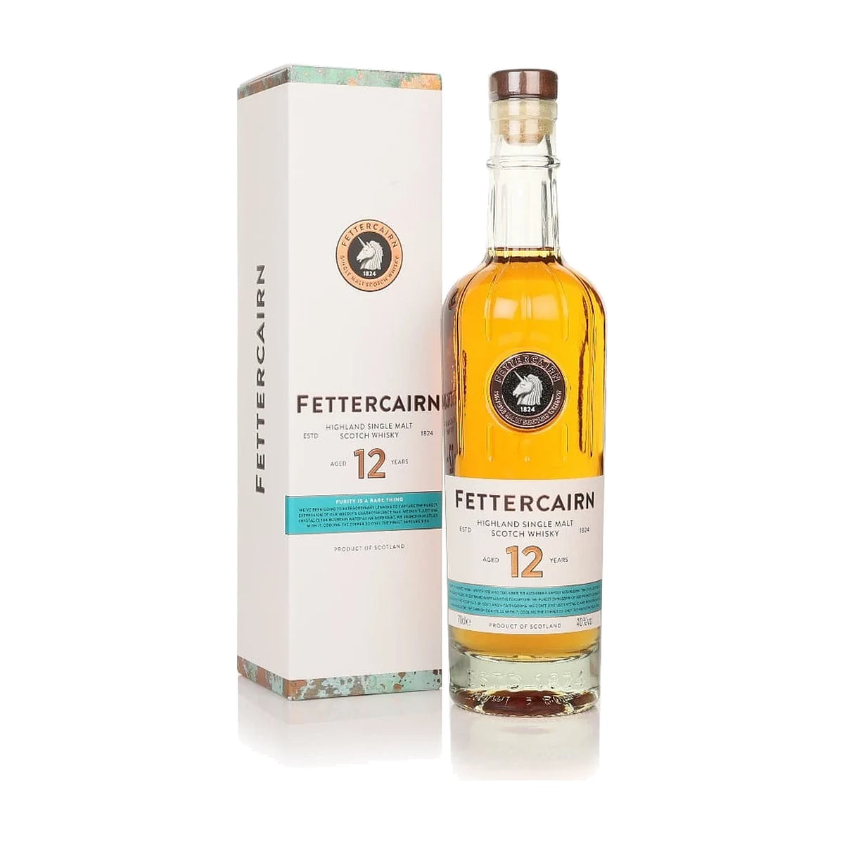 Fettercairn 12 Year Old Highland Single Malt Scotch Whisky, 70cl bottle with gift box on a white background