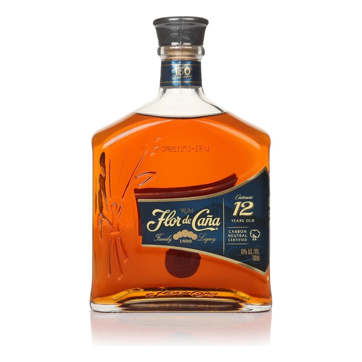 Bottle of Flor de Caña 12 Year Old Nicaraguan rum, 70cl, on a white background