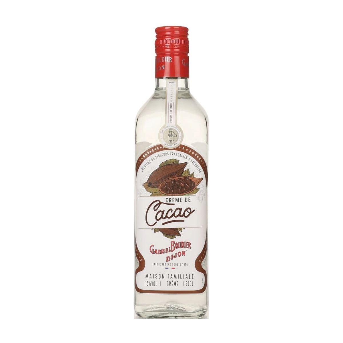 Gabriel Boudier Crème de Cacao White Liqueur 50cl bottle on a white background