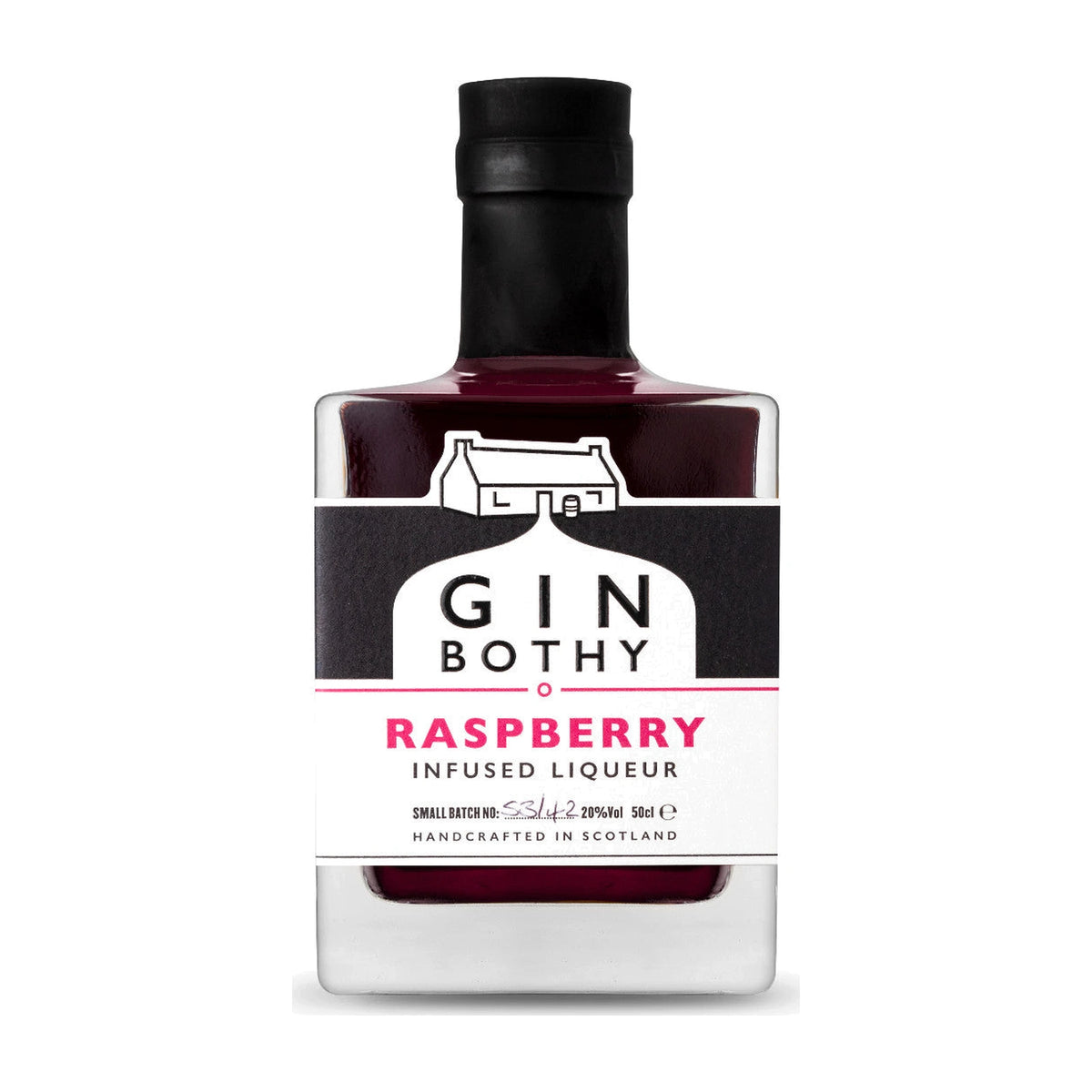 Gin Bothy Raspberry Infused Liqueur 50cl bottle on a white background