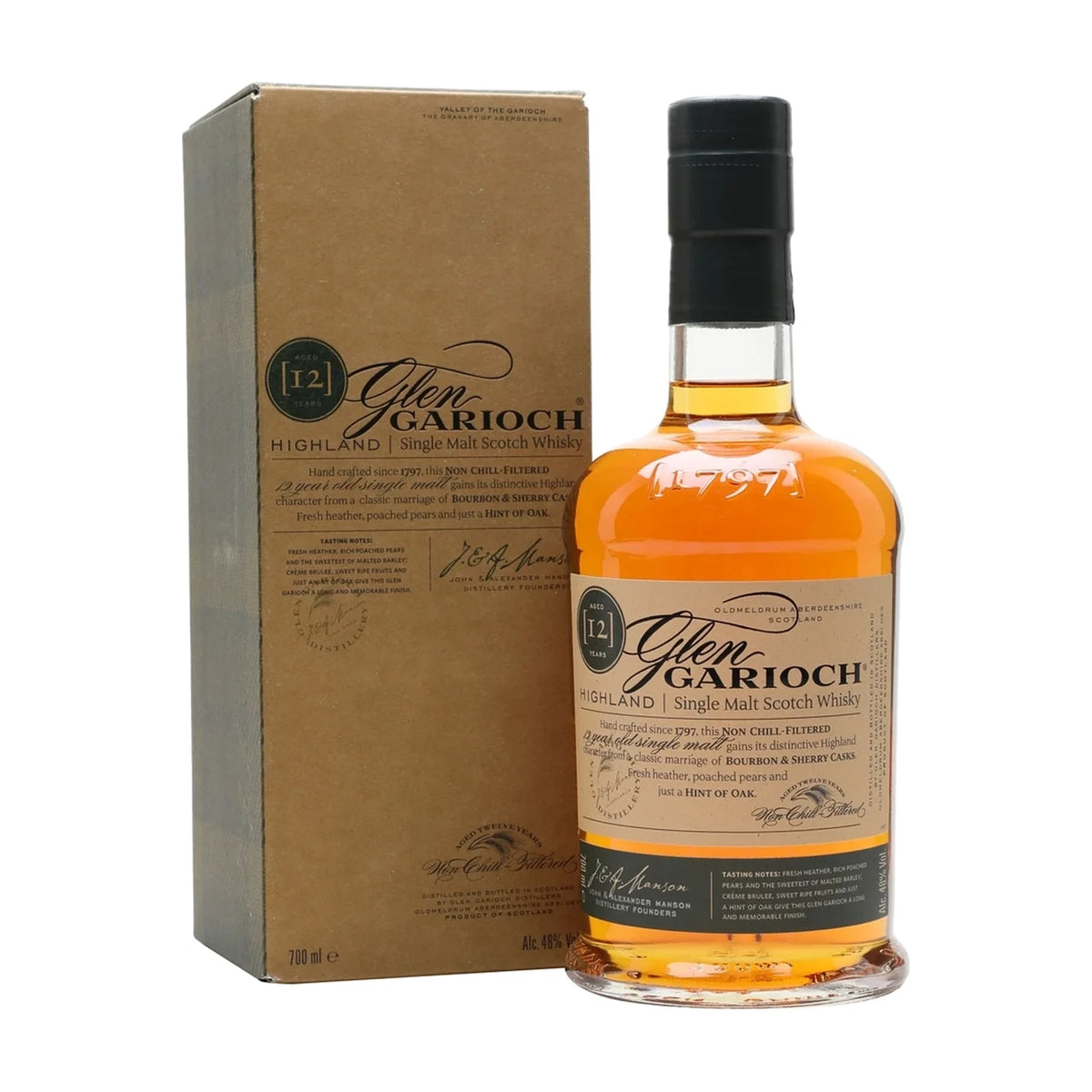 Glen Garioch 12 Year Old Highland Single Malt Scotch Whisky, 70cl bottle with gift box on a white background