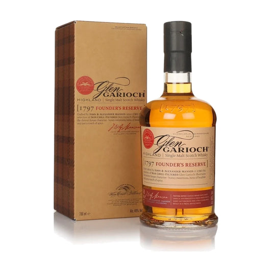 Glen Garioch Founder's Reserve Highland Single Malt Scotch Whisky, 70cl bottle with gift box on a white background