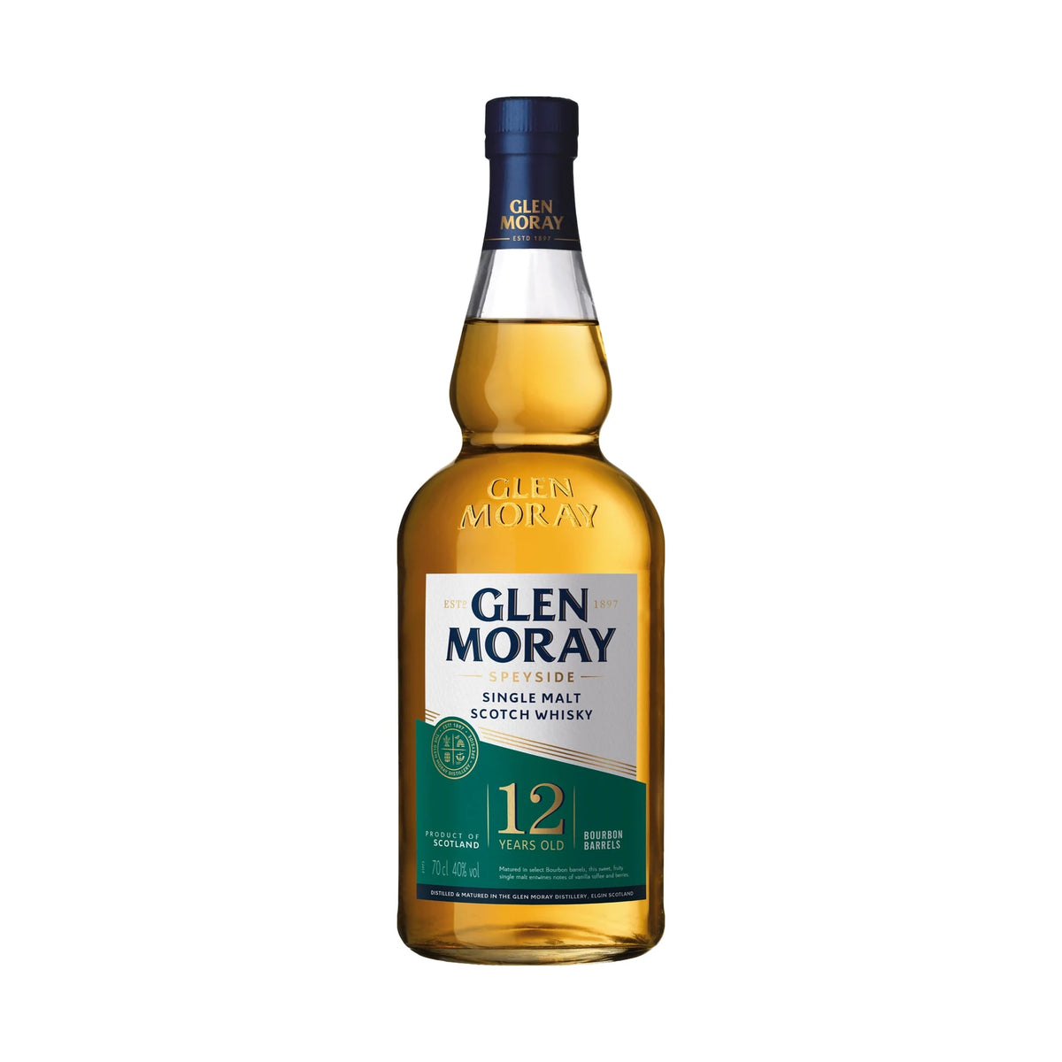 Glen Moray 12 Year Old Speyside Single Malt Scotch Whisky 70cl bottle on a white background